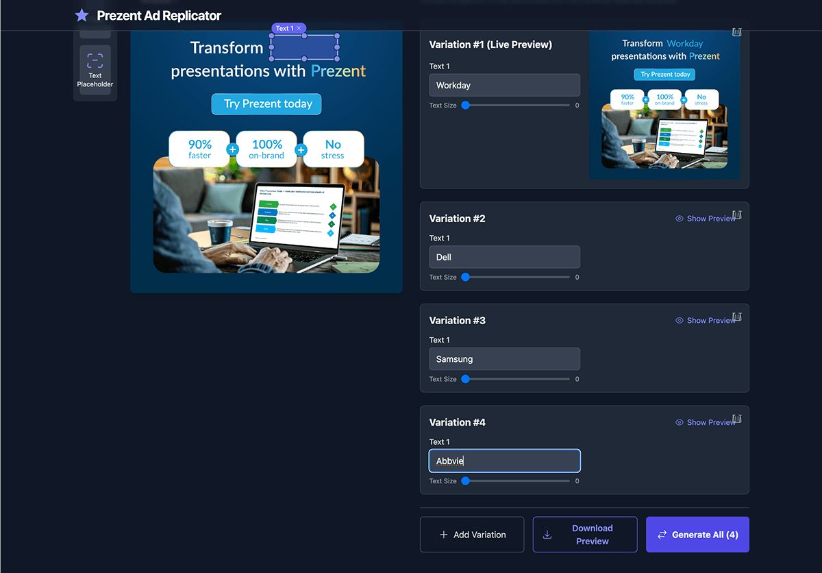 The Prezent Ad Replicator generating variations